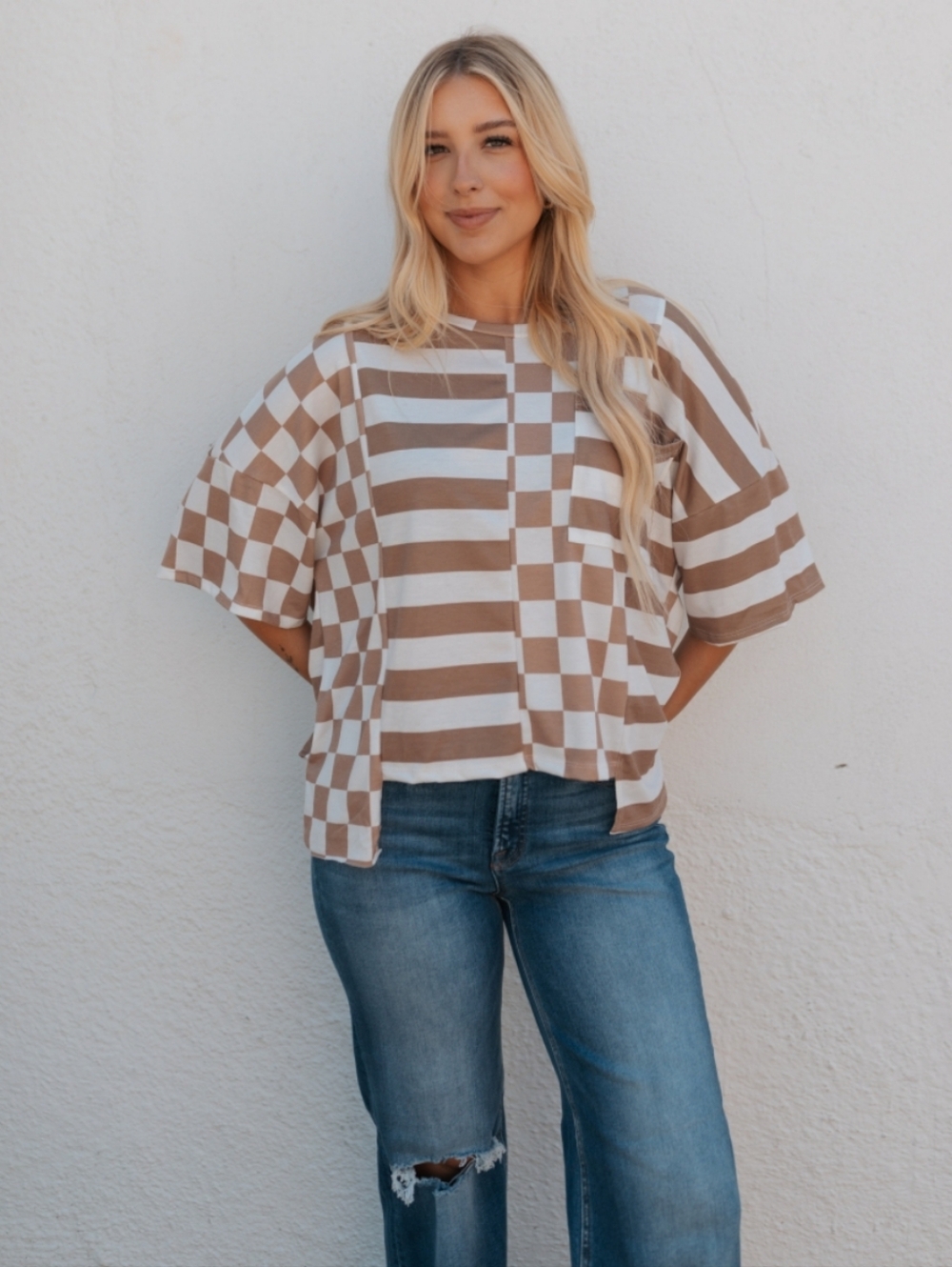 ☕️NWT Jade By Jane "Mellie Top" in Mocha☕️ Checkered Print🏁 & Stripes • Sz XL